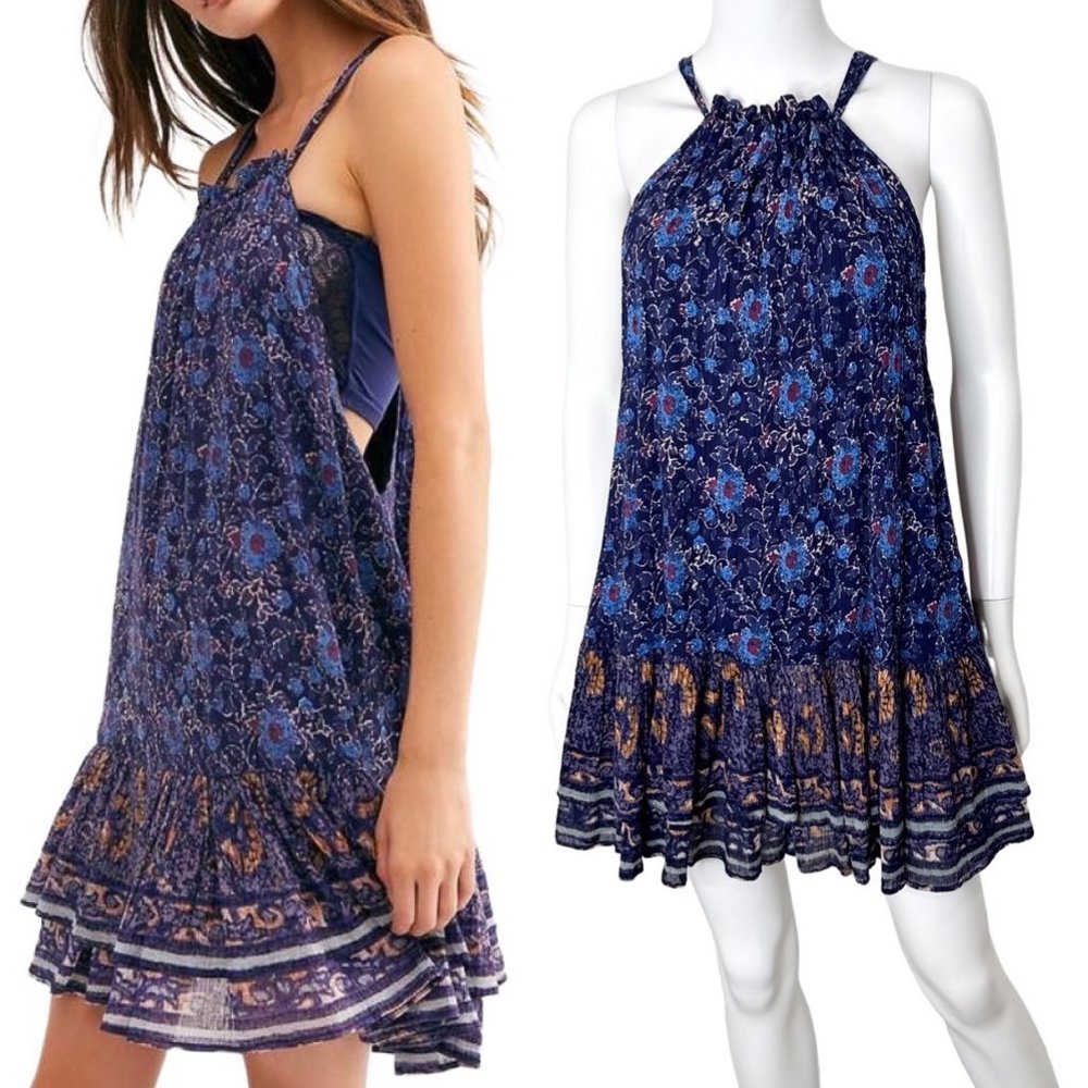 Free People Lyla Flowy Swing Floral Print Mini Dress in Navy Combo Womens Size S